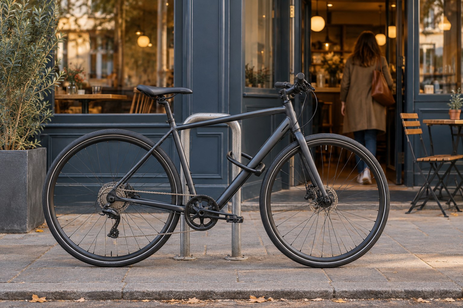 Bicicleta estacionada y asegurada frente a un café mientras su dueña entra